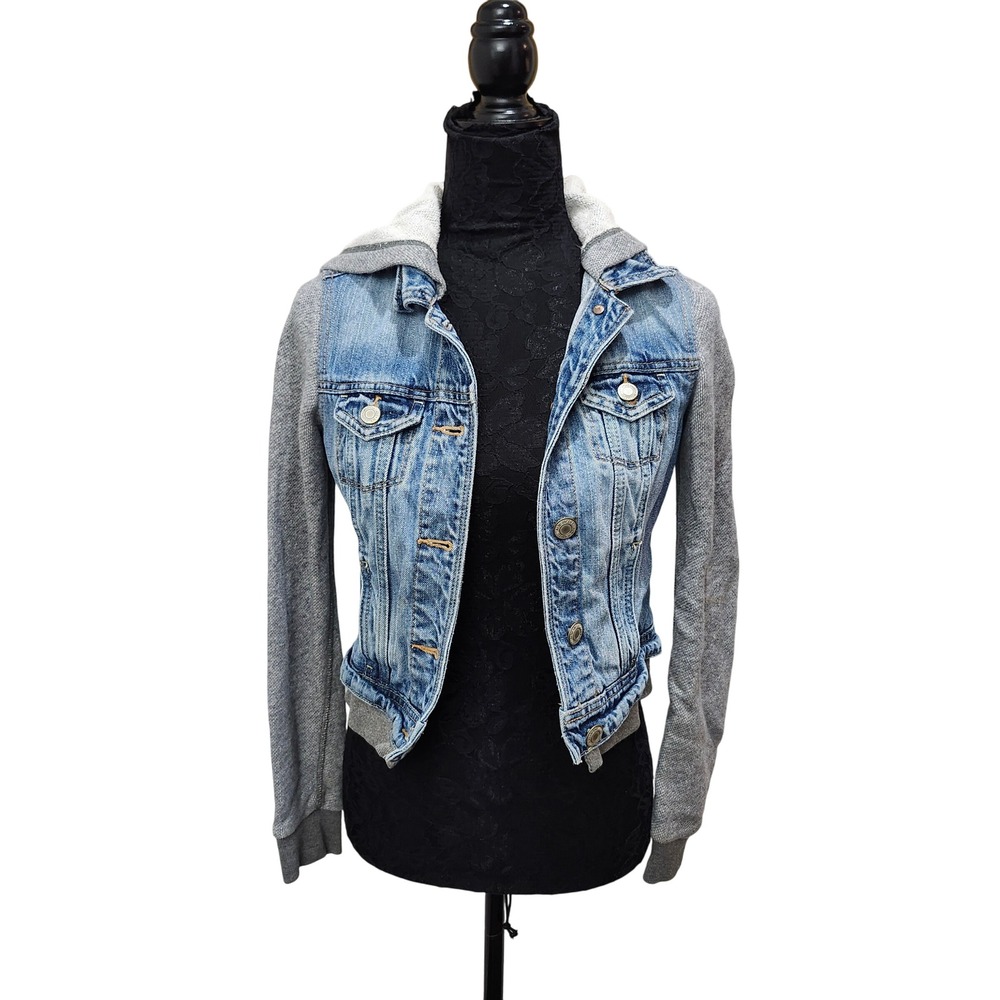 American Eagle Denim Jean Jacket‎ Hoodie Knit Sleeves XS Casual Layering